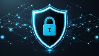 A futuristic, glowing shield icon with a lock symbol in the center, representing cybersecurity and data protection. The shield is illuminated in neon blue tones, with a digital matrix background.