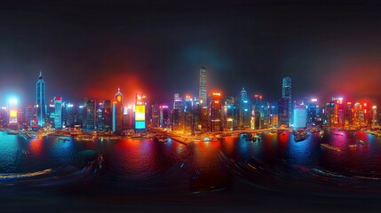 A vibrant 360-degree HDRI panorama capturing a city skyline at night, neon lights from skyscrapers and signs casting colorful glows, subtle atmospheric haze blending into the dark night sky 