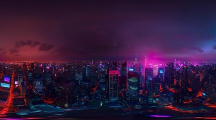 A vibrant 360-degree HDRI panorama capturing a city skyline at night, neon lights from skyscrapers and signs casting colorful glows, subtle atmospheric haze blending into the dark night sky 