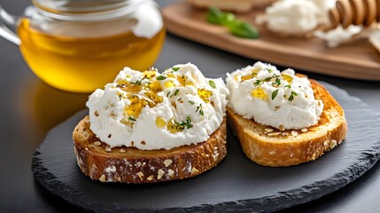 Plate of delicious food accompanied by a cup of tea featuring whipped honey butter on toast for a cozy meal experience