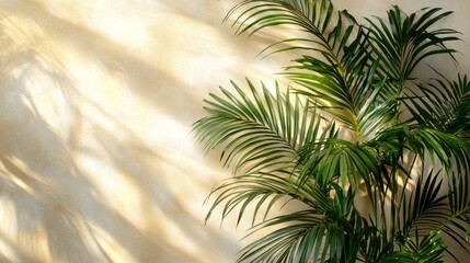 Fototapeta premium Green palm leaves stretch towards soft sunlight, casting delicate shadows on a warm beige wall. This serene corner invites relaxation and tranquility, perfect for unwinding any time of day