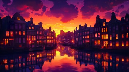 Obraz premium A vibrant stylized scene of Amsterdam at sunset, the canal houses glowing softly as the vivid sky transitions from orange to purple, their reflections creating a mirror-like effect on the water 