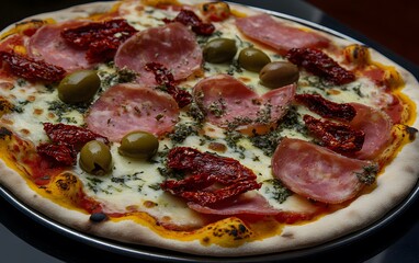 Delicious Salami Pizza with Sun-dried Tomatoes and Olives