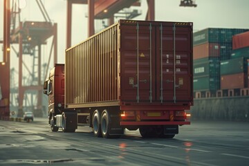 Container Truck in Ship Port for Business Logistics and Transportation of Container Cargo Ship