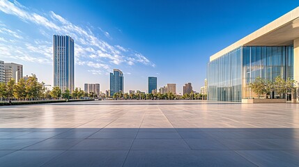 Fototapeta premium A vibrant view of Riyadh, Saudi Arabia, showcasing sleek high-rise buildings under a cloudless blue sky, the city modern skyline blending seamlessly with traditional architectural touches 