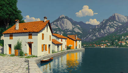 Naklejka premium Pixelated Lakeside Village Houses In Mountains