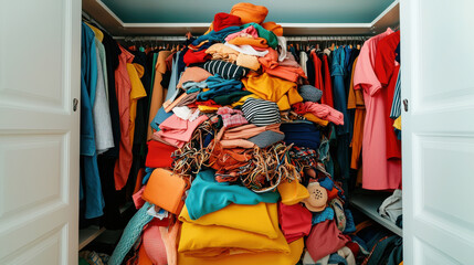 A chaotic closet filled with a colorful pile of clothes and garments overflowing.