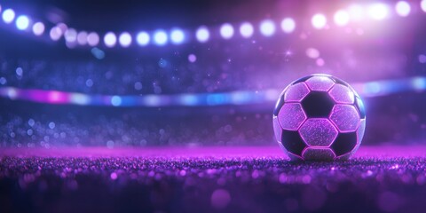 Glowing Purple Soccer Ball on Glittering Field at Night