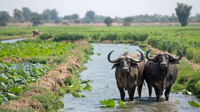 Nili Ravi buffalo and a Jafarabadi buffalo Bubalus bubalis standing near a dairy farm surrounded by green fields and fresh water troughs The Jafarabadi's large horns curve outward dramatically