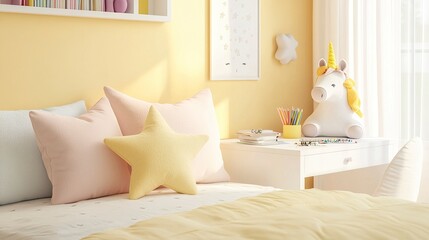 Adorable pastel bedroom with a light yellow bed, star-shaped pillows, a white desk with books and crayons, and a plush unicorn toy in the corner, morning light streaming through 