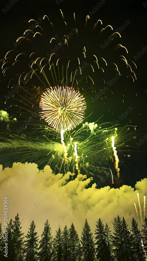 Aufkleber Two fireworks are lit up in the sky. One is in the left side of the image and the other is in the right side