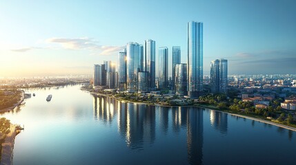 Fototapeta premium Aerial panorama of a modern city, tall glass skyscrapers reflecting sunlight, neighborhoods blending into the horizon, and rivers or waterfronts adding natural contrast 