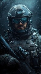 Fototapeta premium A skilled and determined soldier braving the harsh elements prepared to confront any challenge with unwavering bravery and tactical precision