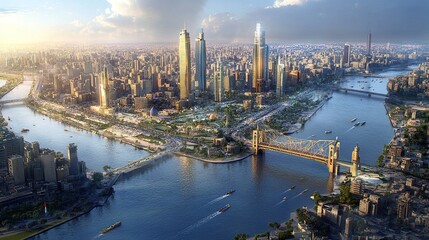Naklejka premium Aerial view of modern Cairo downtown, showcasing sleek skyscrapers and bustling streets alongside the Nile River, with bridges spanning the water and vibrant city life unfolding 