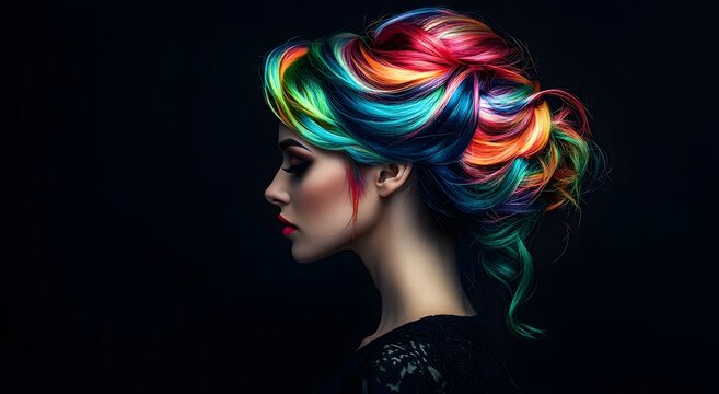 Woman with rainbow colored hair is standing in front of a black background. The hair is styled in a way that it looks like it is made of many different colors