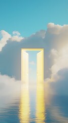 Mysterious open doors floating in the sky surrounded by clouds and water at sunset