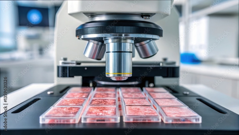 Aufkleber advanced microscope focusing on tissue biopsy slides in laboratory