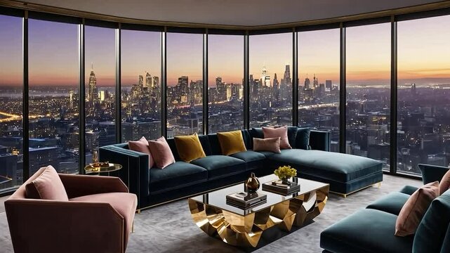 Luxury apartment interior with panoramic city view at sunset, exclusive design