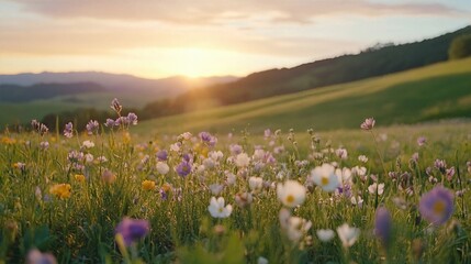Fototapeta premium Golden Hour on Meadow: Sun setting over a serene field of wildflowers and green grass with a gentle mountainside, a tranquil nature scene bathed in the warm glow.