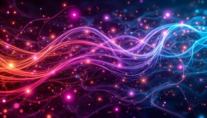 Fototapeta premium A vibrant and intricate 3D illustration featuring abstract colored telecommunication wires twisting and turning, with a mystical glow emanating from their ends