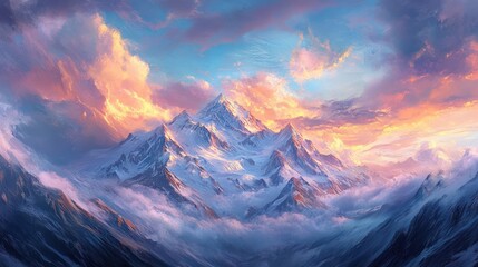 Majestic snow-capped mountain peaks at sunset with dramatic colorful sky