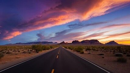 Scenic desert road leading to majestic mountains under vibrant sunset skies