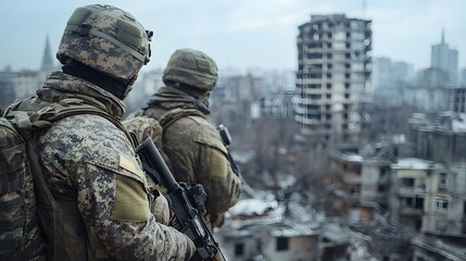 A pair of military personnel in full combat gear stand vigilant surveying the destruction and rubble of a once thriving city in the distance