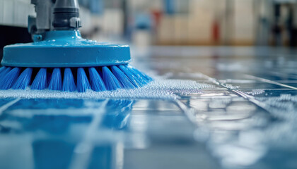 A cleaning machine focuses on scrubbing the industrial floor, creating foam on the surface. The activity occurs in a spacious facility with well-lit surroundings, ensuring a thorough clean