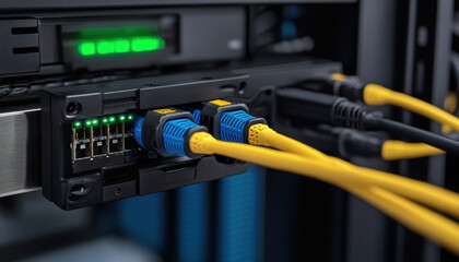 Optical fiber cables are connected to network devices in a data center, showcasing the intricate setup that facilitates high-speed internet connections and data transmission