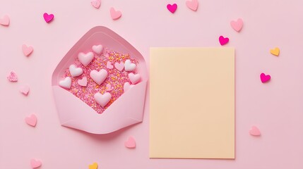 Pink Envelope Filled with Hearts and Sprinkles Valentines Day Card