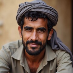 Fototapeta premium A young man from Yemen is dressed in traditional attire, showcasing a warm smile as he sits outside Generative AI