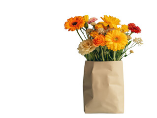 Colorful flowers in a paper bag, white background