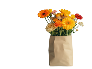 Colorful flowers in a paper bag, white background