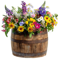Flowers Burst From A Wooden Barrel. A Cheerful Floral Arrangement. Spring, Summer, Natural Beauty.