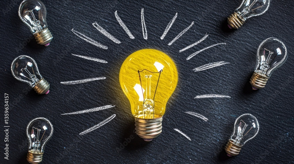 Aufkleber bright yellow light bulb stands out amidst clear bulbs on a textured background, symbolizing innovat