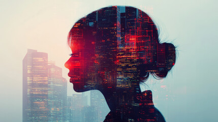 A dynamic double exposure composition featuring business professionals alongside futuristic data diagrams and a city skyline, blending innovation with corporate strategy