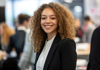 Fototapeta premium A young businesswoman with curly hair smiles confidently while networking at a bustling business event. Her attire reflects professionalism and ambition amid a vibrant atmosphere