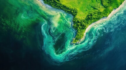 Aerial View of Lush Green Coastline and Teal Ocean Waters