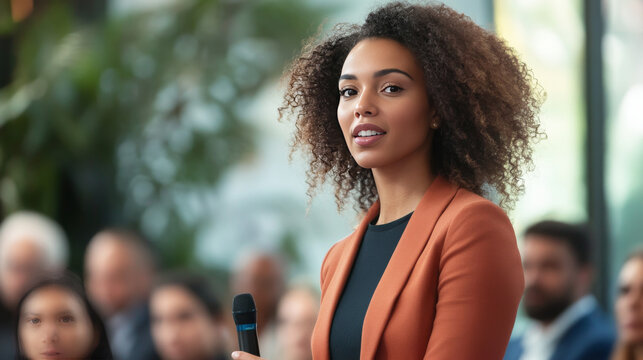 A female speaker presents at a corporate business conference while an attentive audience listens, highlighting an event focused on entrepreneurship and professional development