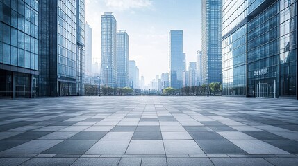 Fototapeta premium An empty plaza in Chongqing, framed by towering modern buildings with glass facades, the skyline stretching into the distance, and clean, geometric patterns decorating the square 