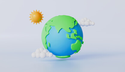 Planet Earth in Clouds with Sun, Cartography and Geography, Earth Day, Save Green Planet, Environment Conservation Concept