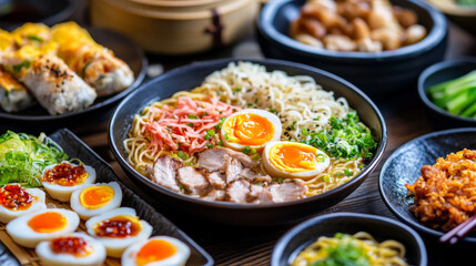 A flavorful assortment of Asian cuisine, including pork ramen with marinated eggs, vegetarian fried rice, and gyoza dumplings, served in a traditional bamboo steamer