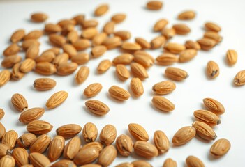 Obraz premium A scattering of whole almonds, in sharp focus, against a pure white backdrop, detail, picture