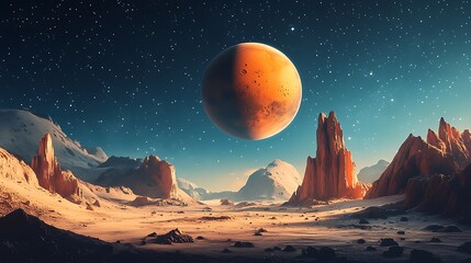 Surreal Planetary Landscape at Night, A surreal landscape with a large planet in the sky, rocky terrain, and a starry night