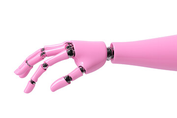 Close-up 3d Pink Metal Futuristic Robotic hand gesture, glossy texture, isolated on white background. Cyborg robotic hand