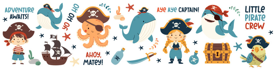 A set of flat vector illustrations in a simple children's style. Cute animals and kids in pirate hats, whale shark octopus devoka boy and ship. Pirate-themed elements, inscription . Vector