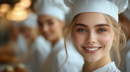young female chef, wearing a white chefs hat and uniform, smiles brightly while participating in a bustling baking class with fellow culinary students in a professional kitchen setting