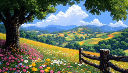 Fototapeta premium Pixelated Rural Meadow Landscape With Colorful Flowers And Trees