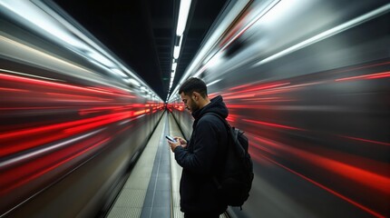 Man Waiting at Subway Station with Motion Blur of Passing Train
