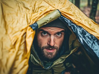 survivalist peering out from yellow tent, showcasing focused expression. scene captures essence of outdoor adventure and preparedness in natural setting